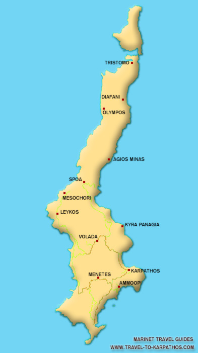 Karpathos map - Travel to Karpathos -  The dodecanesian island of Karpathos, Greece complete guide with information on KARPATHOS, PIGADIA, APERI, DIAFANI, MENETES, OLIMBOS, OTHOS, APELAS BEACH, DIAFANI BEACH, KIRA PANAGIA BEACH,  LEFKOS BEACH, PALAIOKASTRO BEACH, PIGADIA BEACH, FINIKI, AGIA FOTINI, PANAGIA LARNIOTISSA, AGIOS GEORGIOS VASSON, BOLADA, PYLES, AMOOPI BEACH, ACHATA, ADEIA, ARKASA, SPOA, MESOCHORI, AFIARTIS, 